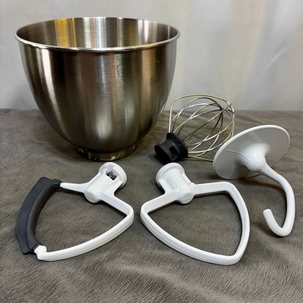 KitchenAid Brushed Steel 3.5 Quart Bowl & 4 Attachments: 2 Beaters, Whip & Hook